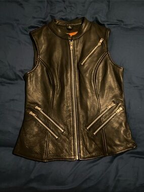 Women's Black Leather Zip Vest with Quilted Seams